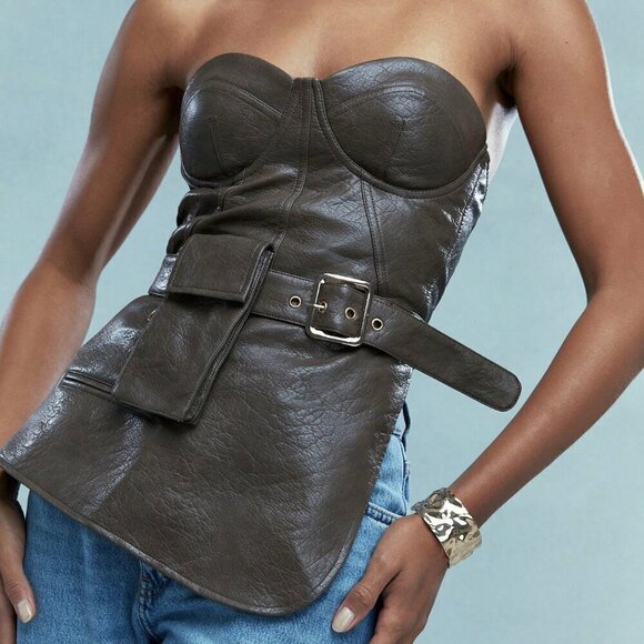Brown Casual Women's Asymmetric Faux Leather Bandeau Top With Belt And Purse - Picture 3 of 5